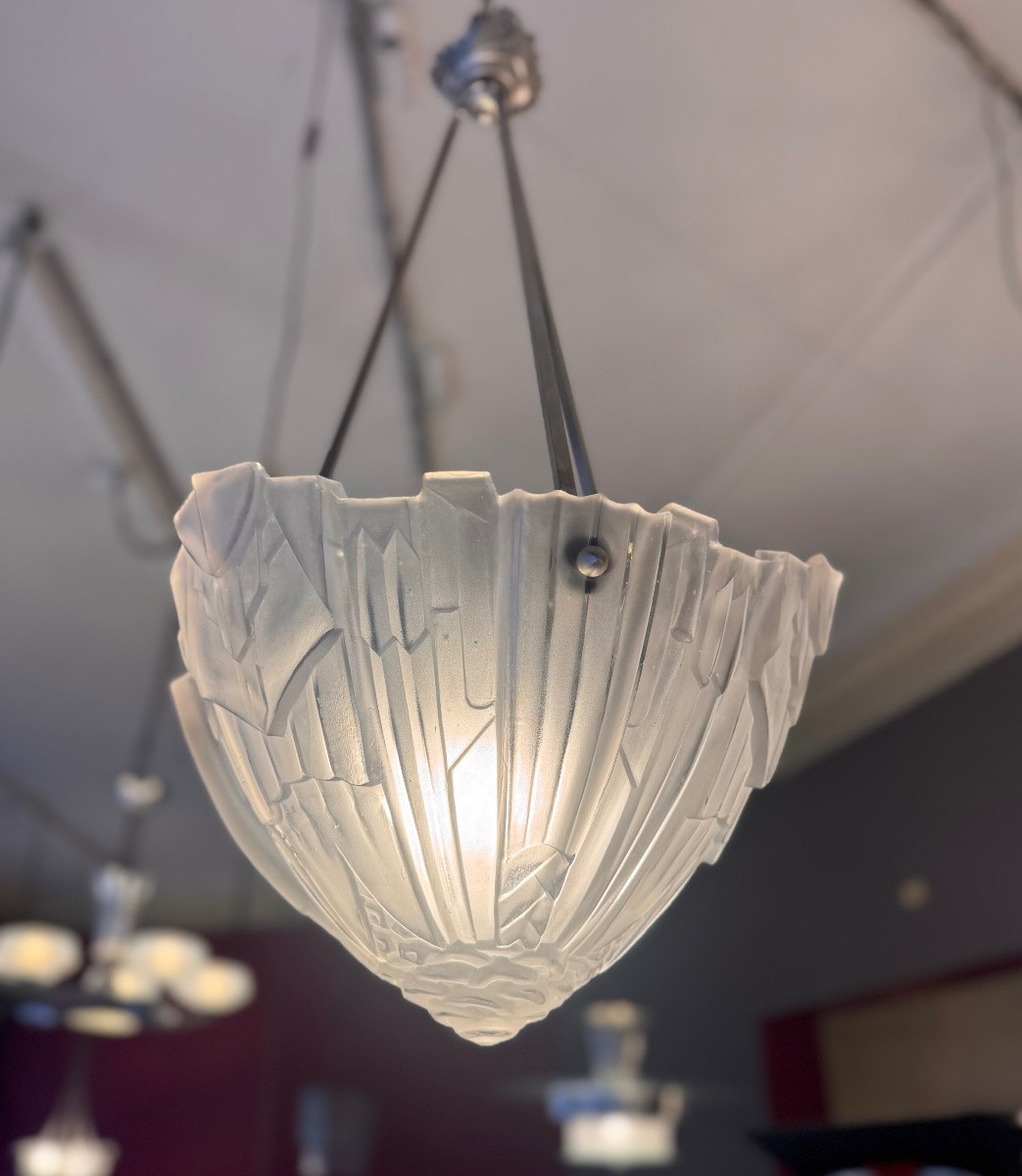  Suspension Art Déco à obus Signée Hugue / Degué  ( plafonnier / lustre art deco 1930 ) -photo-3