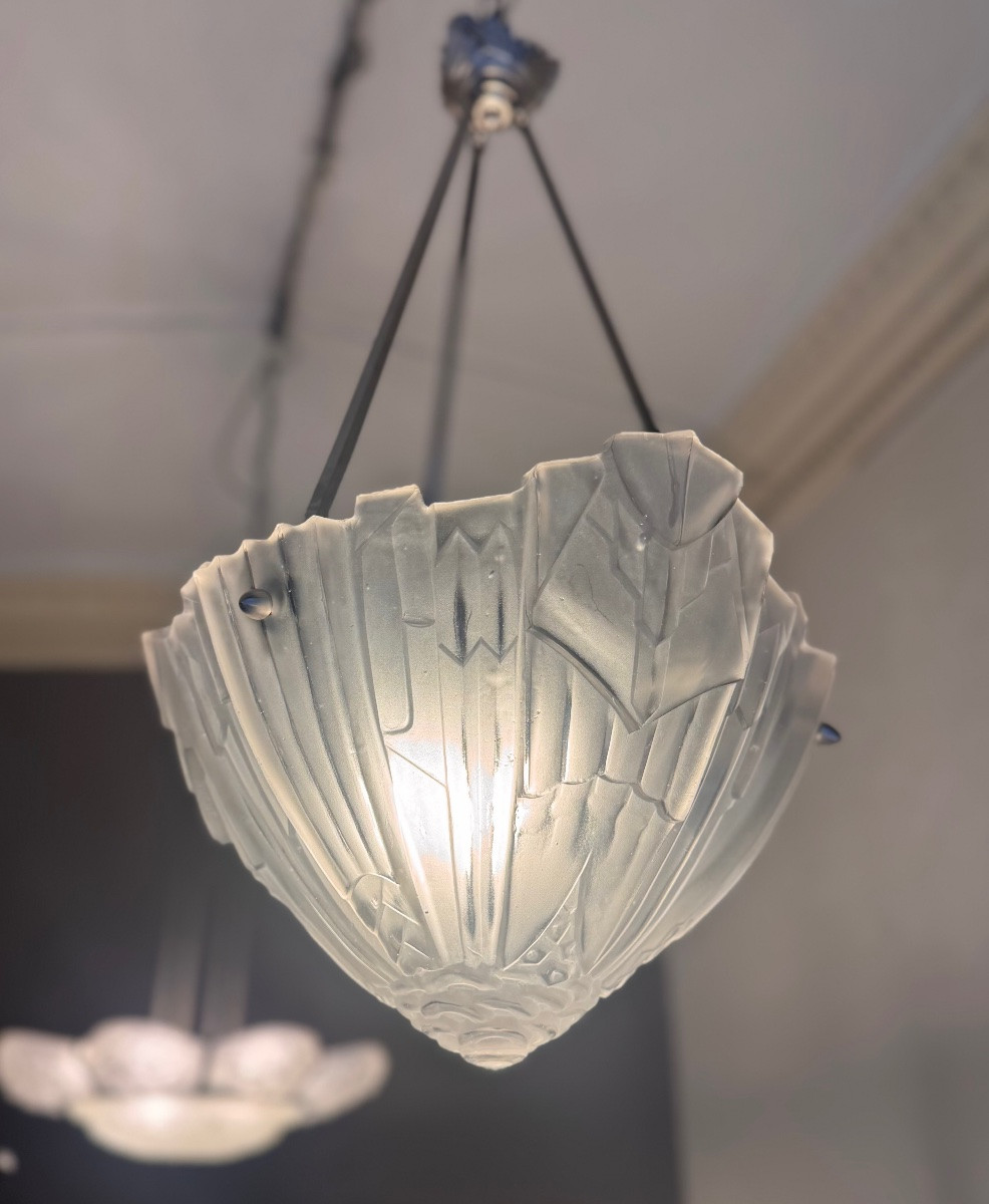  Suspension Art Déco à obus Signée Hugue / Degué  ( plafonnier / lustre art deco 1930 ) -photo-4