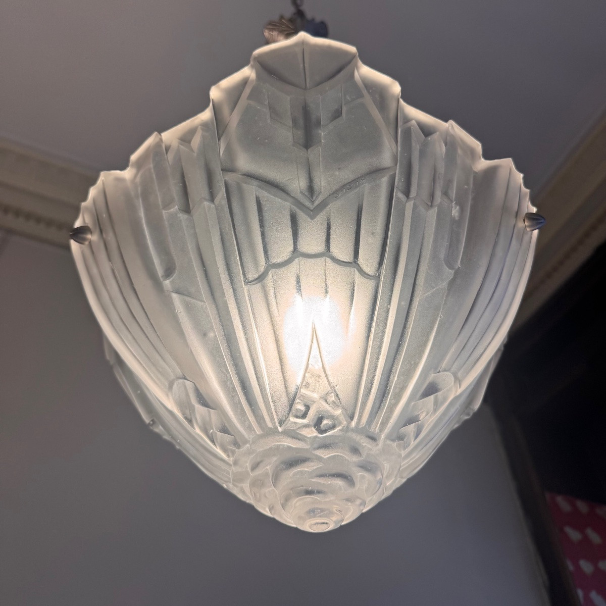  Suspension Art Déco à obus Signée Hugue / Degué  ( plafonnier / lustre art deco 1930 ) -photo-1