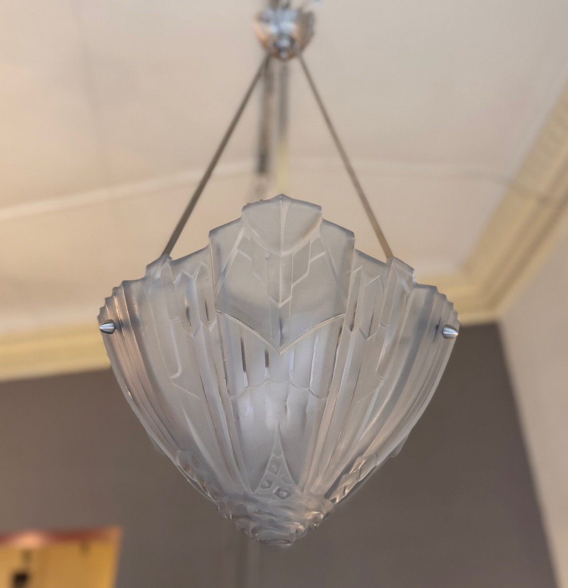  Suspension Art Déco à obus Signée Hugue / Degué  ( plafonnier / lustre art deco 1930 ) -photo-3