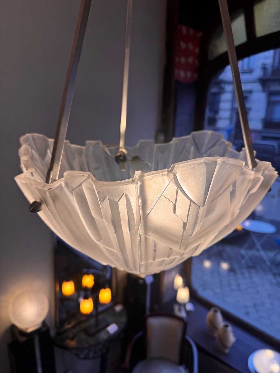  Suspension Art Déco à obus Signée Hugue / Degué  ( plafonnier / lustre art deco 1930 ) -photo-6
