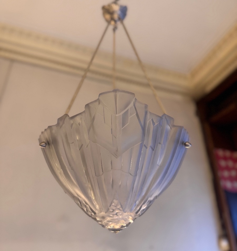  Suspension Art Déco à obus Signée Hugue / Degué  ( plafonnier / lustre art deco 1930 ) -photo-7