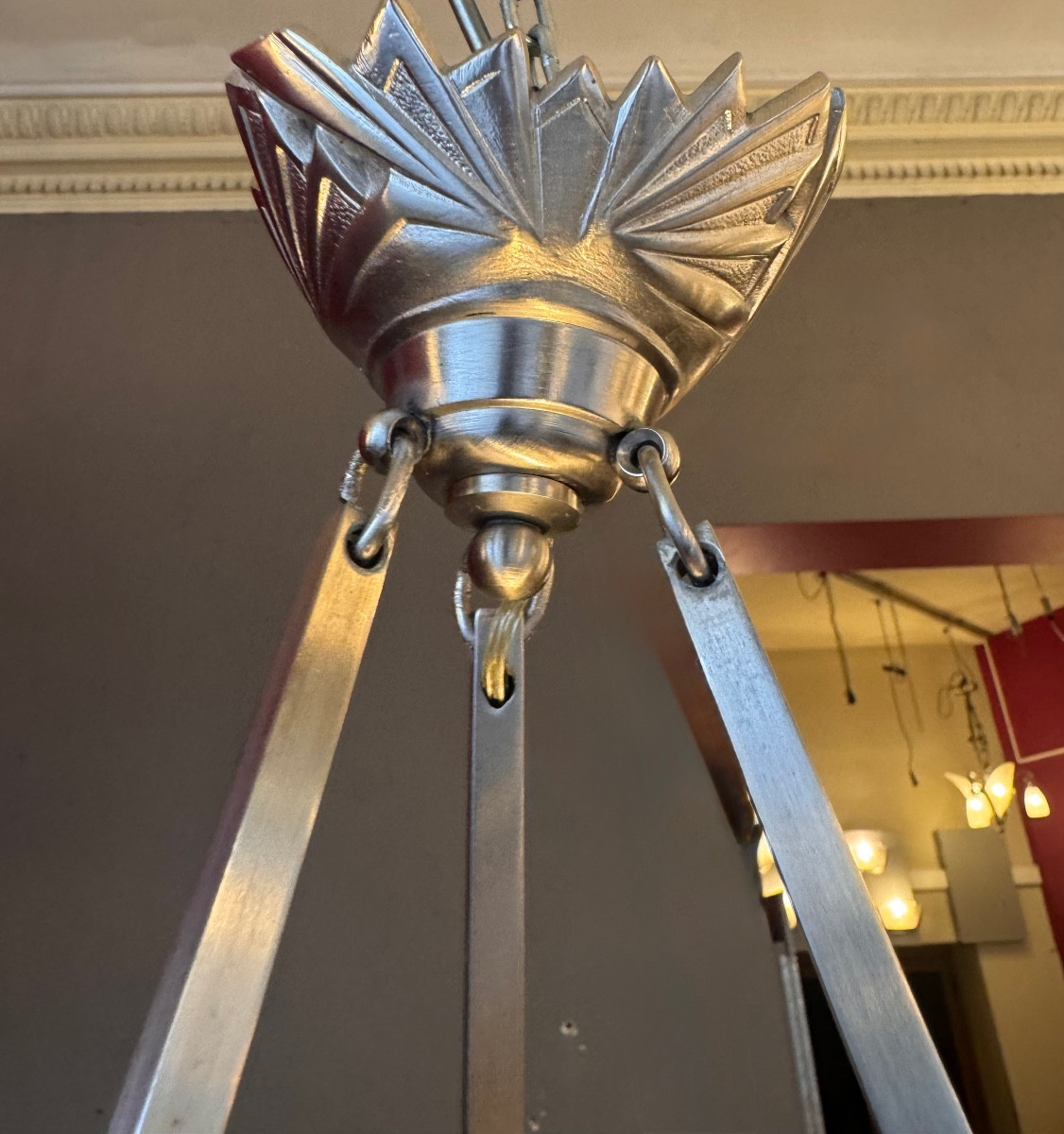  Suspension Art Déco à obus Signée Hugue / Degué  ( plafonnier / lustre art deco 1930 ) -photo-4