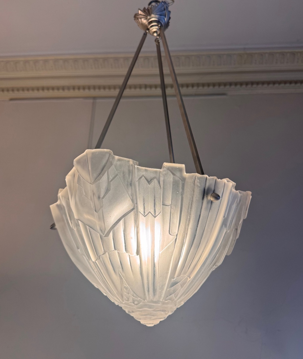  Suspension Art Déco à obus Signée Hugue / Degué  ( plafonnier / lustre art deco 1930 ) 