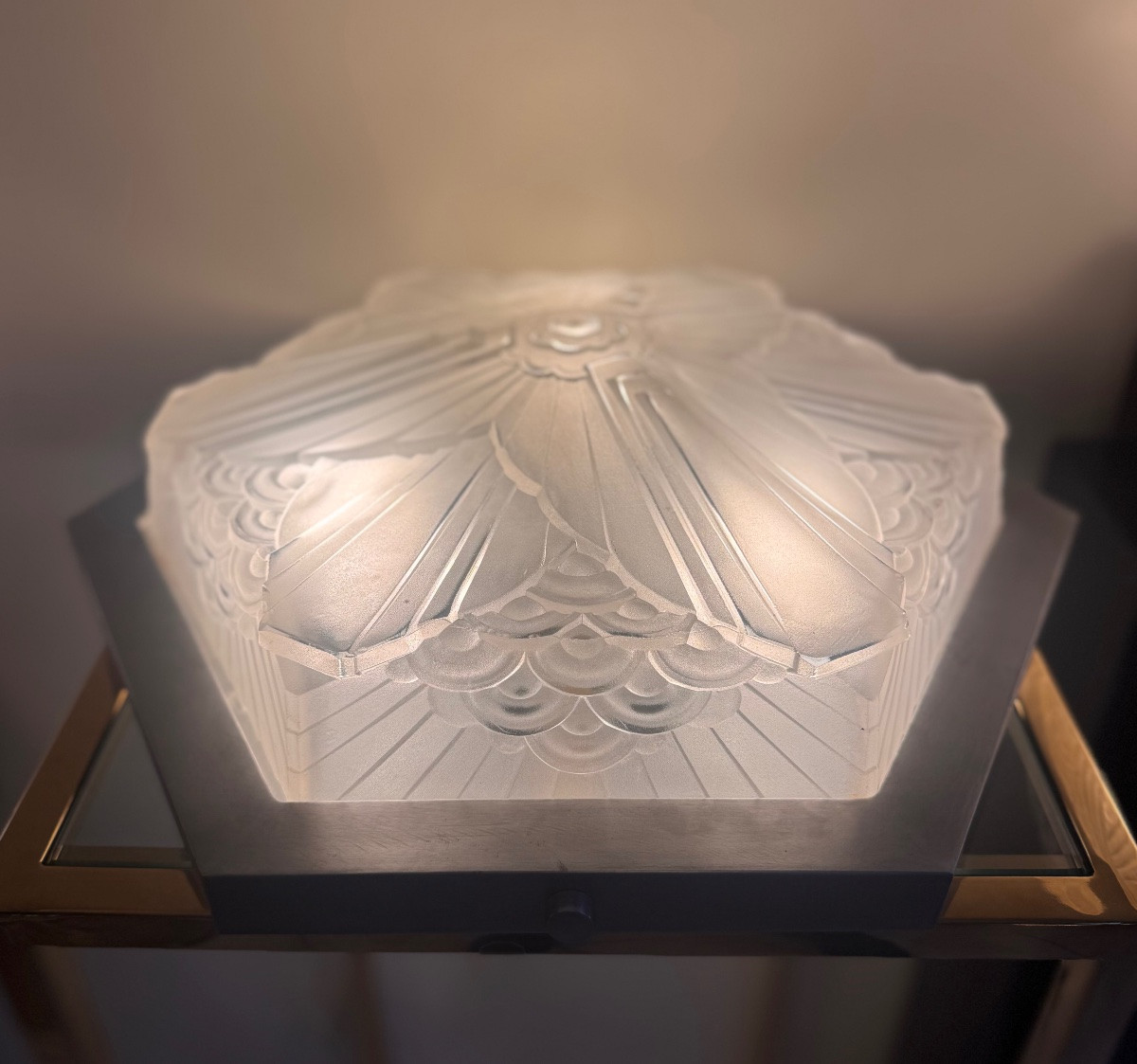 Plafonnier Art Déco Hexagonal Signé Charles Schneider (1881-1953) verre pressé France deco 1930-photo-2