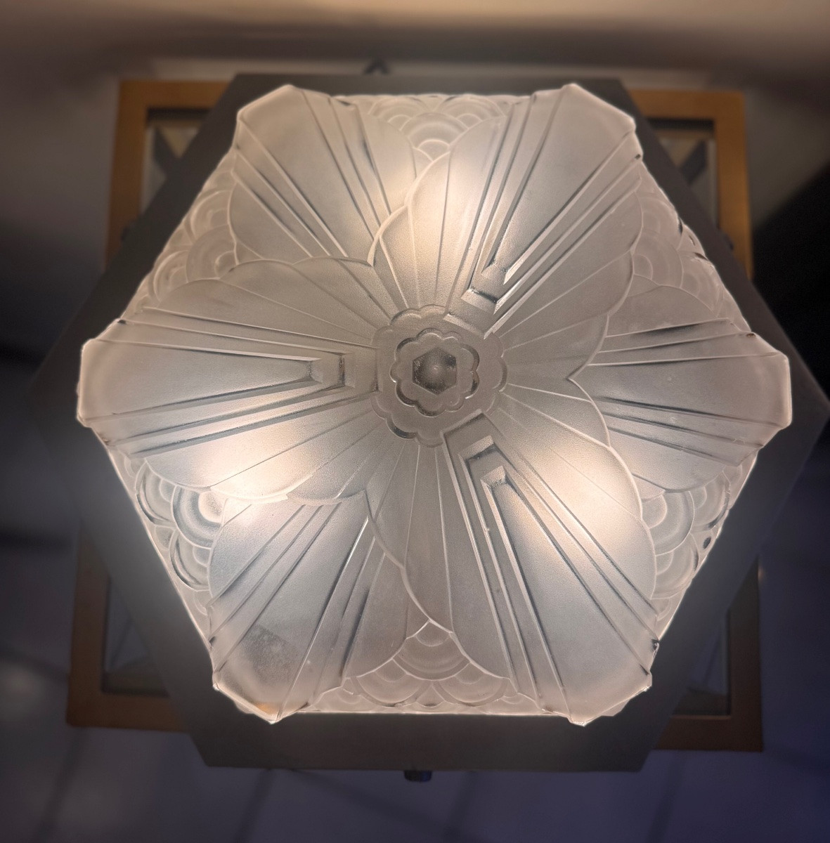 Plafonnier Art Déco Hexagonal Signé Charles Schneider (1881-1953) verre pressé France deco 1930-photo-3