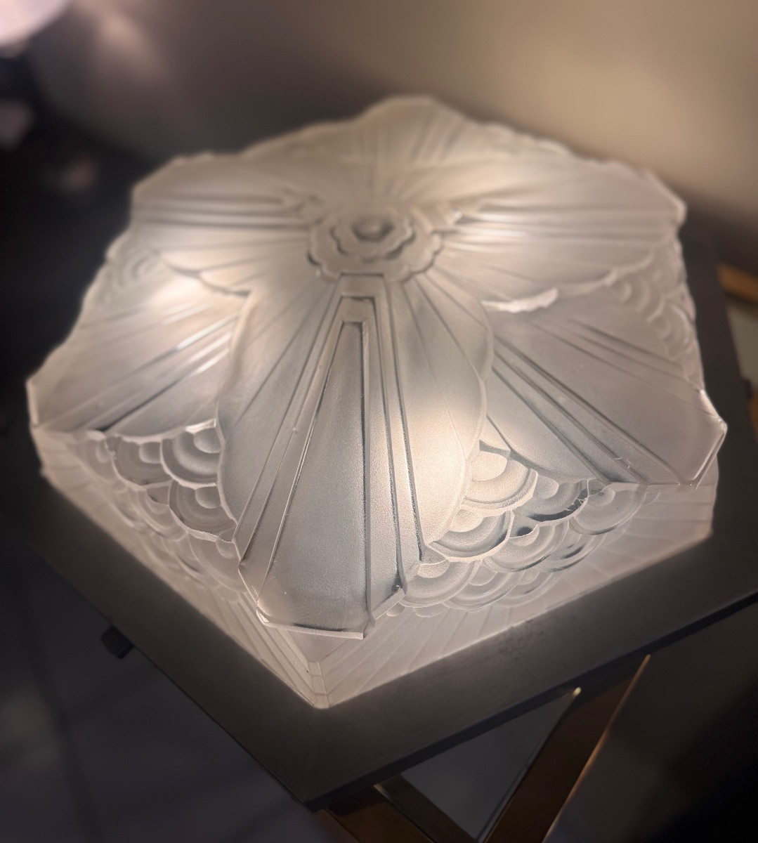 Plafonnier Art Déco Hexagonal Signé Charles Schneider (1881-1953) verre pressé France deco 1930-photo-2