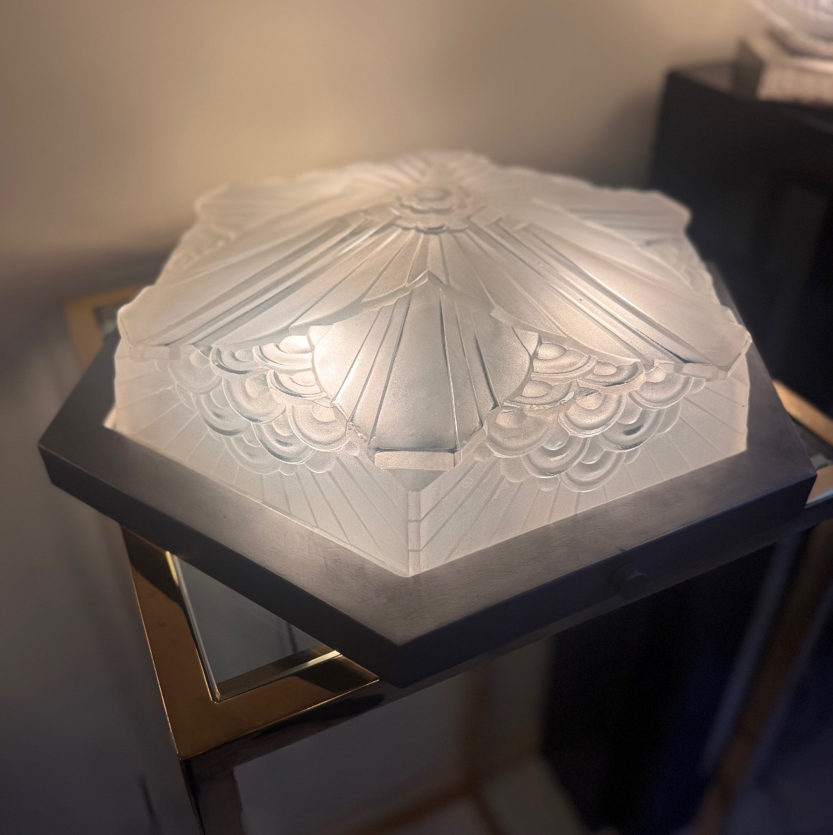 Plafonnier Art Déco Hexagonal Signé Charles Schneider (1881-1953) verre pressé France deco 1930-photo-3