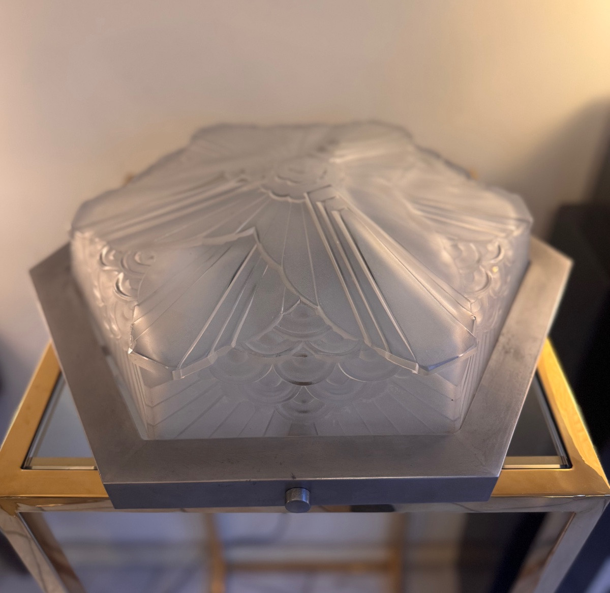 Plafonnier Art Déco Hexagonal Signé Charles Schneider (1881-1953) verre pressé France deco 1930-photo-4