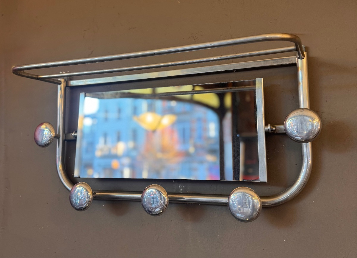 Art Deco Coat Rack In Chromed Aluminum With Central Mirror (art Deco Coat Rack 1930)-photo-3