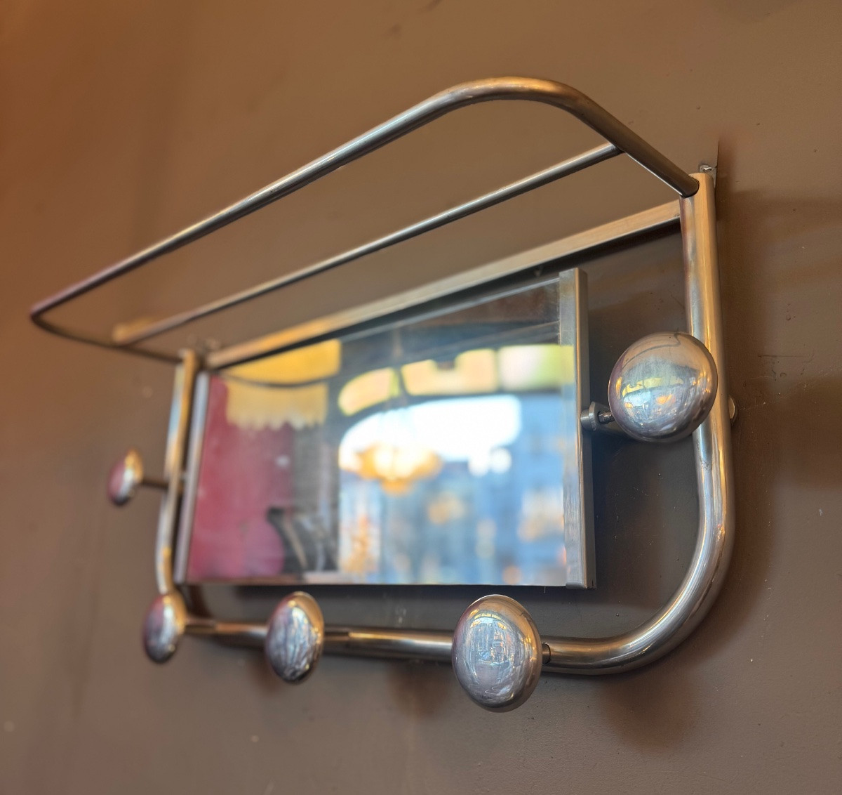 Art Deco Coat Rack In Chromed Aluminum With Central Mirror (art Deco Coat Rack 1930)-photo-2
