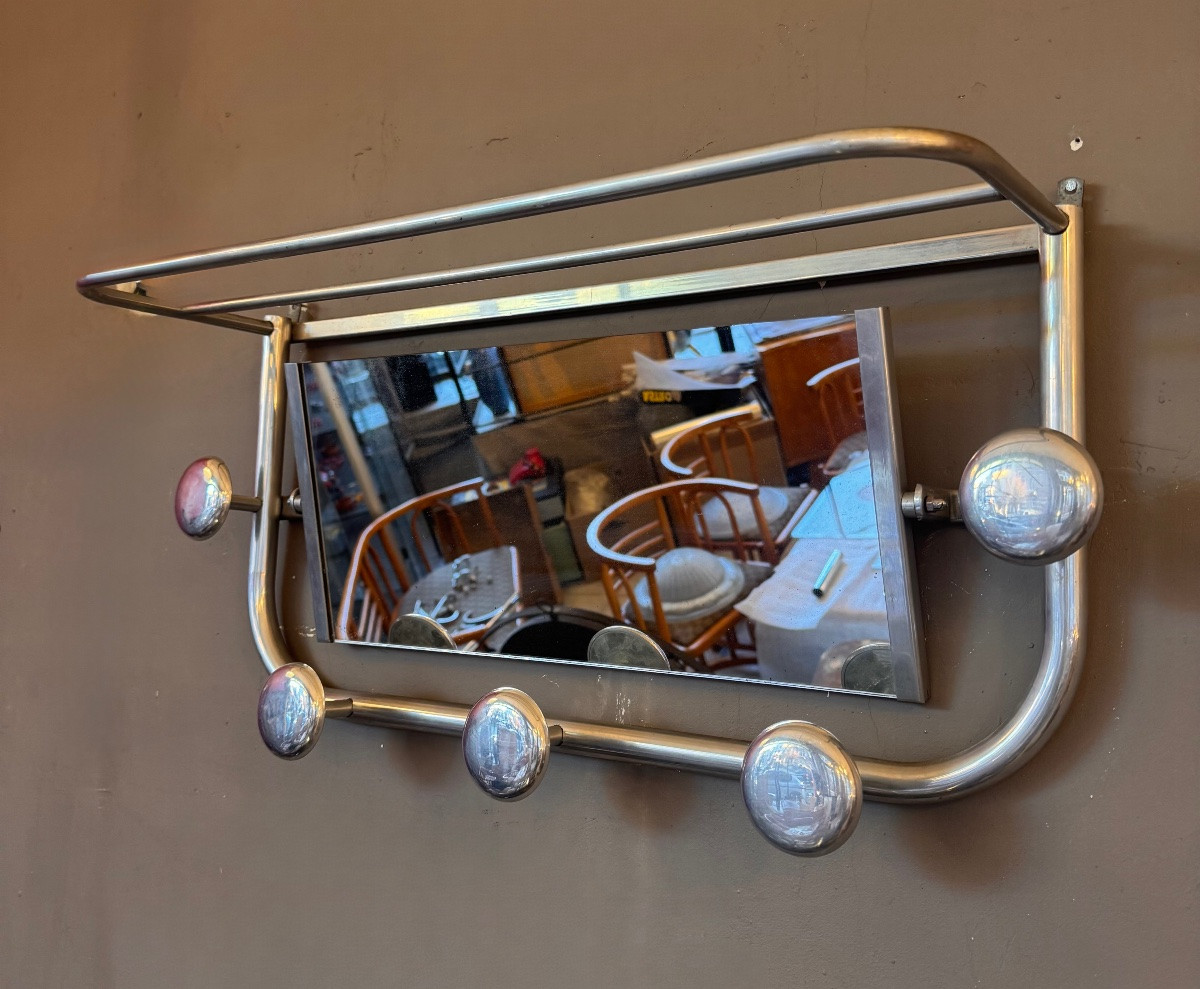 Art Deco Coat Rack In Chromed Aluminum With Central Mirror (art Deco Coat Rack 1930)-photo-3