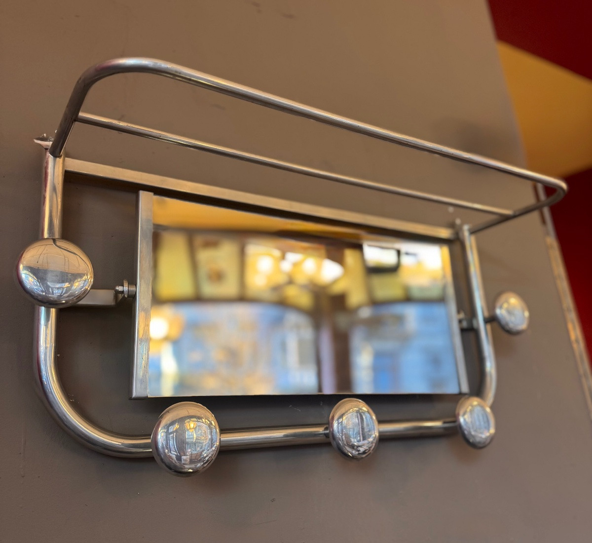 Art Deco Coat Rack In Chromed Aluminum With Central Mirror (art Deco Coat Rack 1930)-photo-5