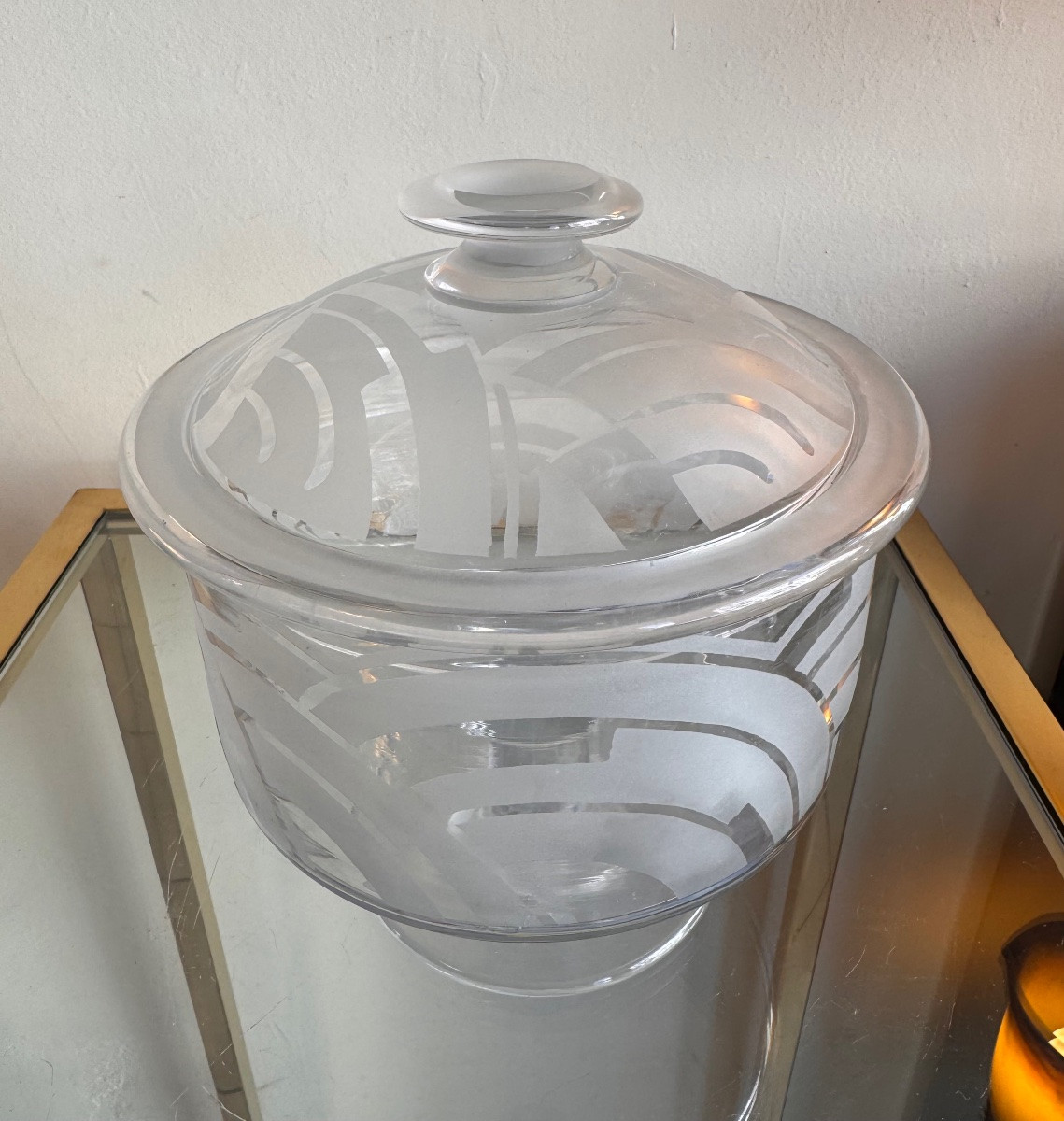 Bonbonnière / Cloche à fromage Art Déco à décor géométrique sablé ( pot / vide poche 1930 ) -photo-1