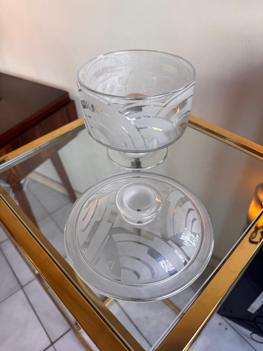 Bonbonnière / Cloche à fromage Art Déco à décor géométrique sablé ( pot / vide poche 1930 ) -photo-2