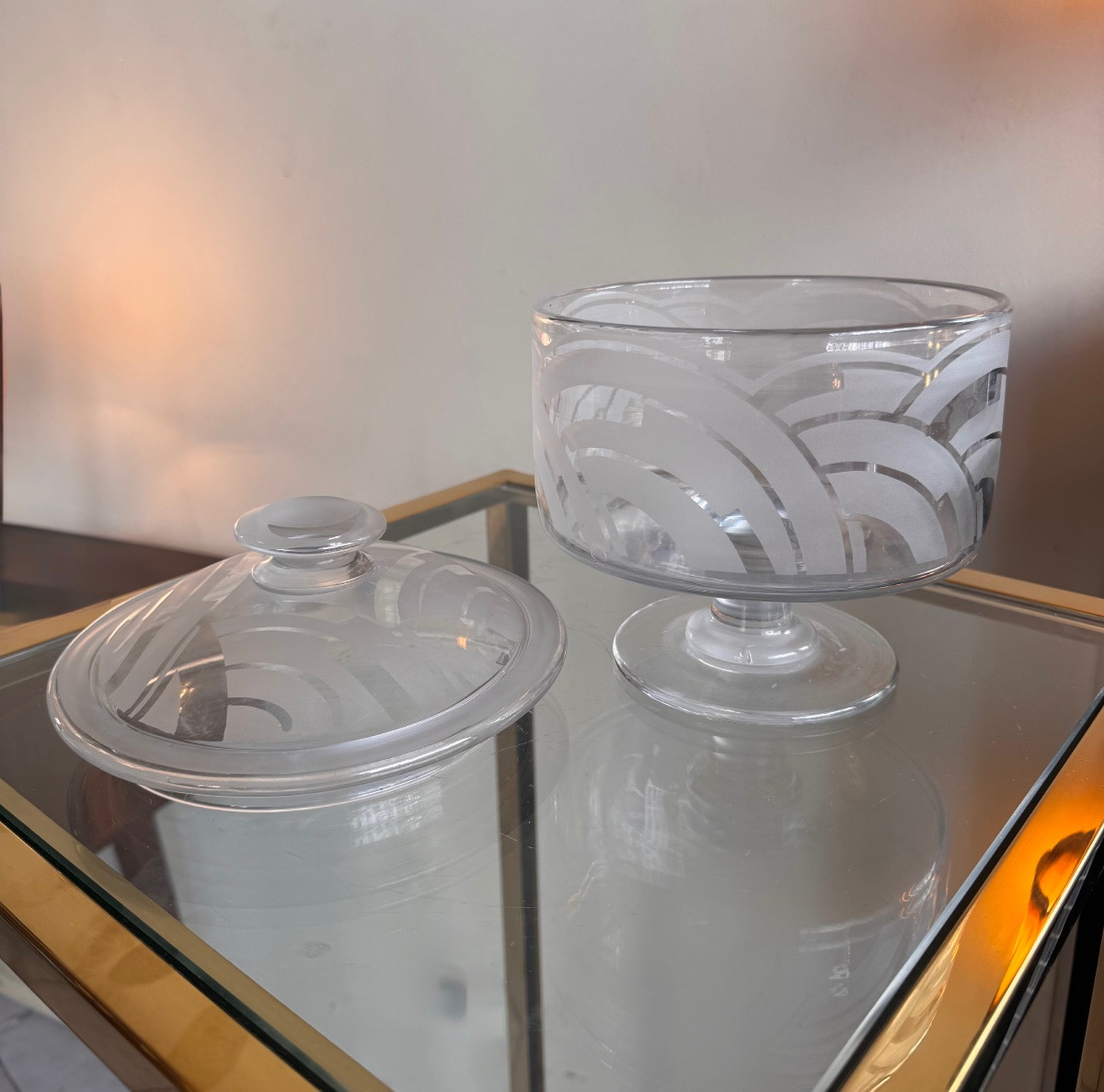 Bonbonnière / Cloche à fromage Art Déco à décor géométrique sablé ( pot / vide poche 1930 ) -photo-3