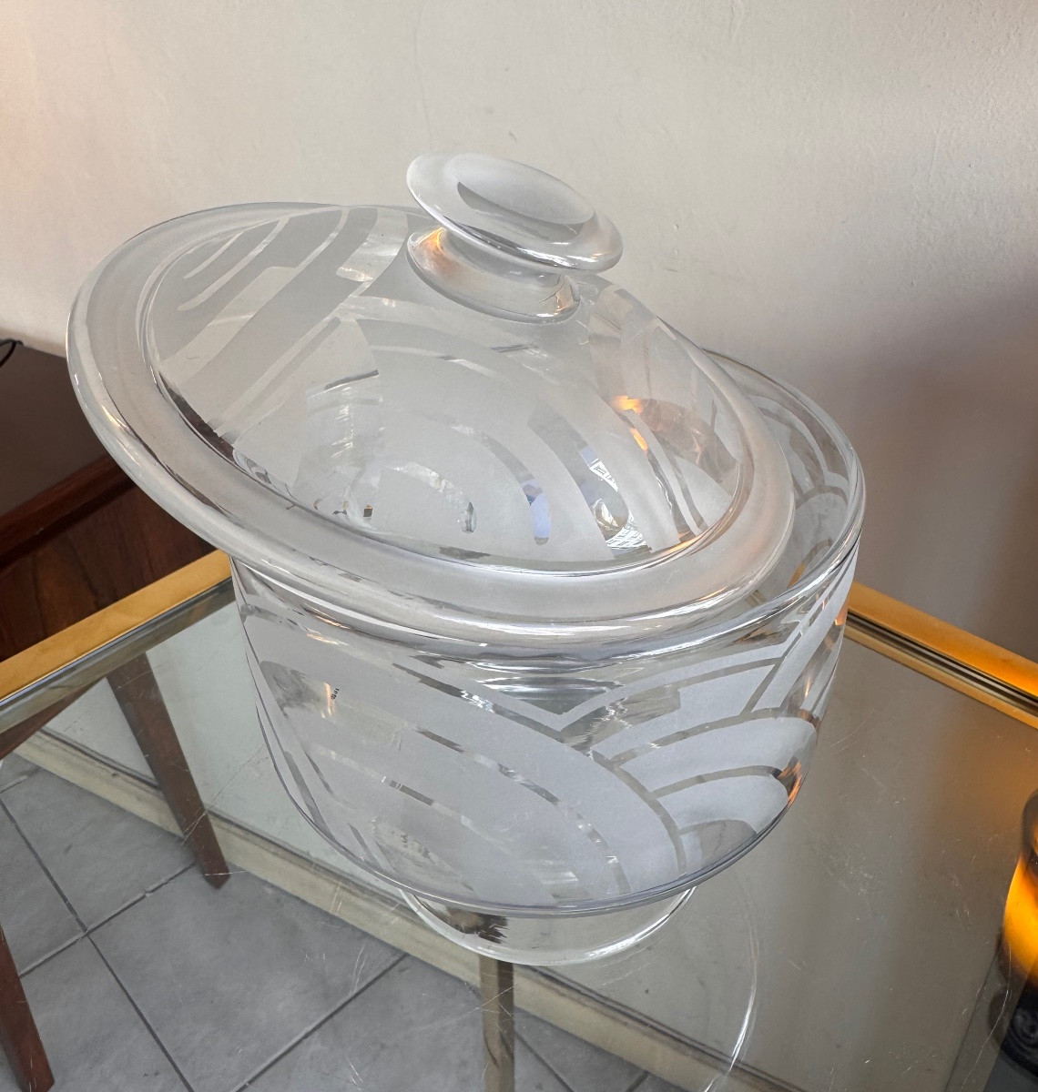 Bonbonnière / Cloche à fromage Art Déco à décor géométrique sablé ( pot / vide poche 1930 ) -photo-4