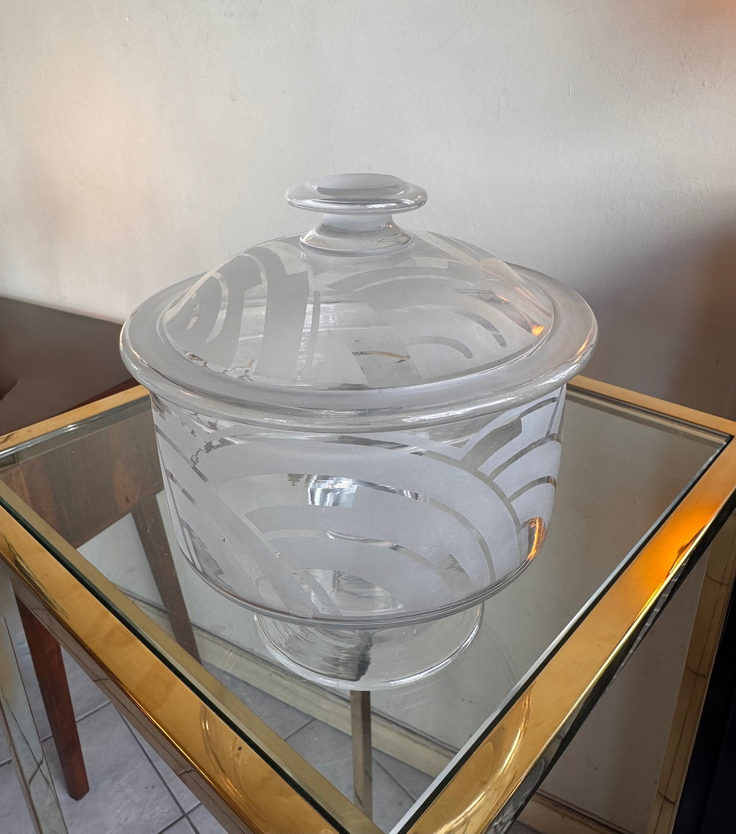 Bonbonnière / Cloche à fromage Art Déco à décor géométrique sablé ( pot / vide poche 1930 ) -photo-8