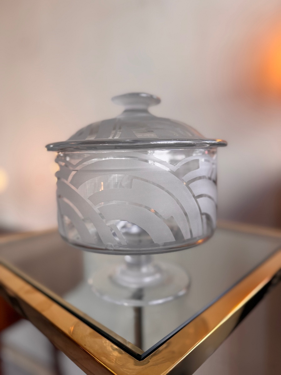 Bonbonnière / Cloche à fromage Art Déco à décor géométrique sablé ( pot / vide poche 1930 ) 