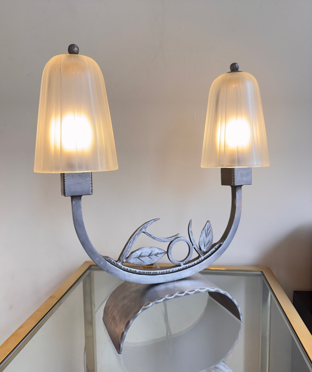 Art Deco Double Tulip Lamp Signed Hettier & Vincent France (paris 1930 Art Deco Lamps) -photo-2
