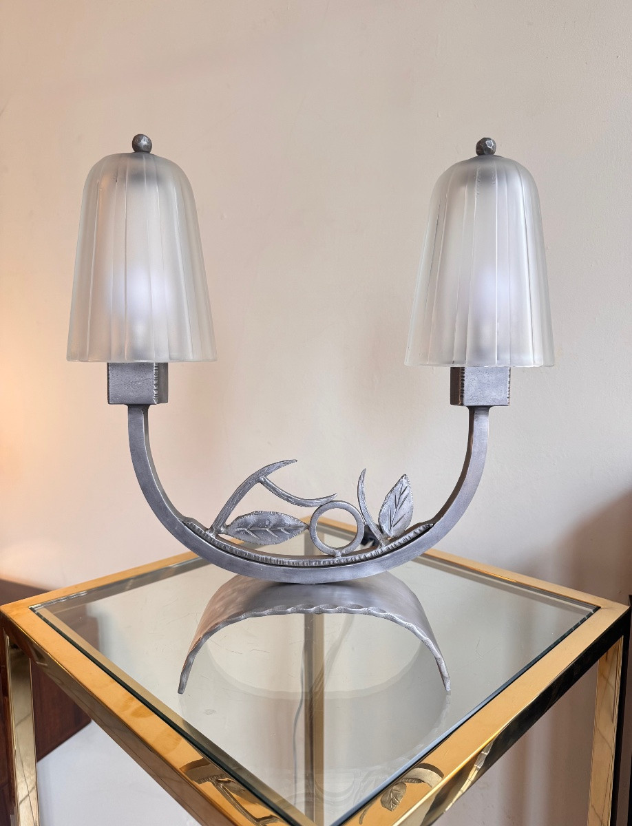 Art Deco Double Tulip Lamp Signed Hettier & Vincent France (paris 1930 Art Deco Lamps) -photo-2