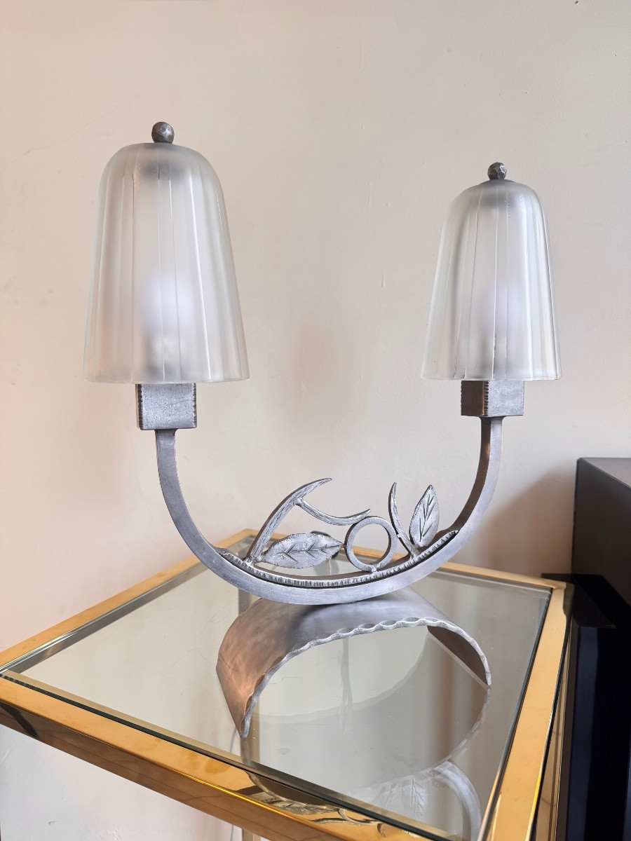 Art Deco Double Tulip Lamp Signed Hettier & Vincent France (paris 1930 Art Deco Lamps) -photo-3