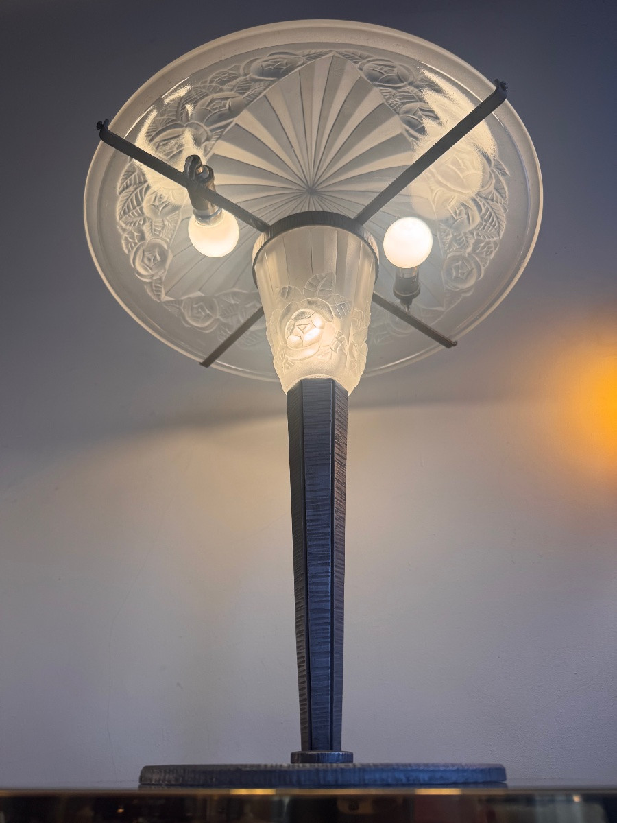 Importante et Rare Lampe Art Déco à Double éclairage Signée Degué ( lampes art deco 1930 ) -photo-2