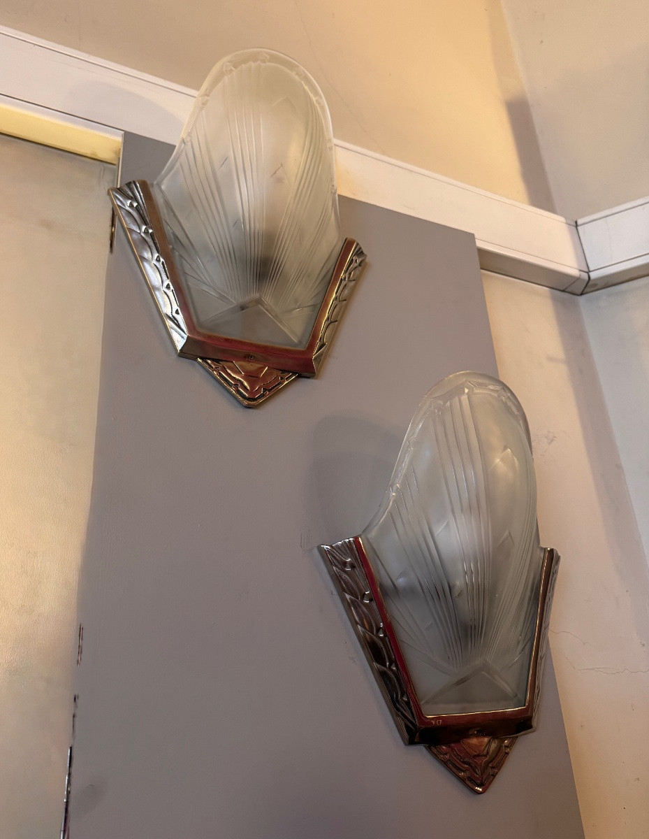 Pair Of Art Deco Wall Sconces, Verreries Des Hanots, "coquille" Model (five Available, 1930) -photo-5