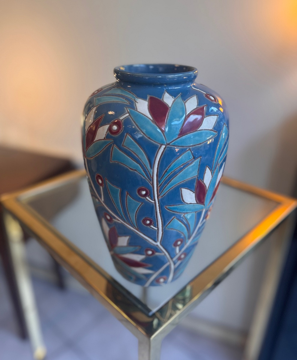 Vase Art Déco « Les Lotus » en faïence émaillée polychrome / belge  ( vases art deco 1930 ) -photo-2
