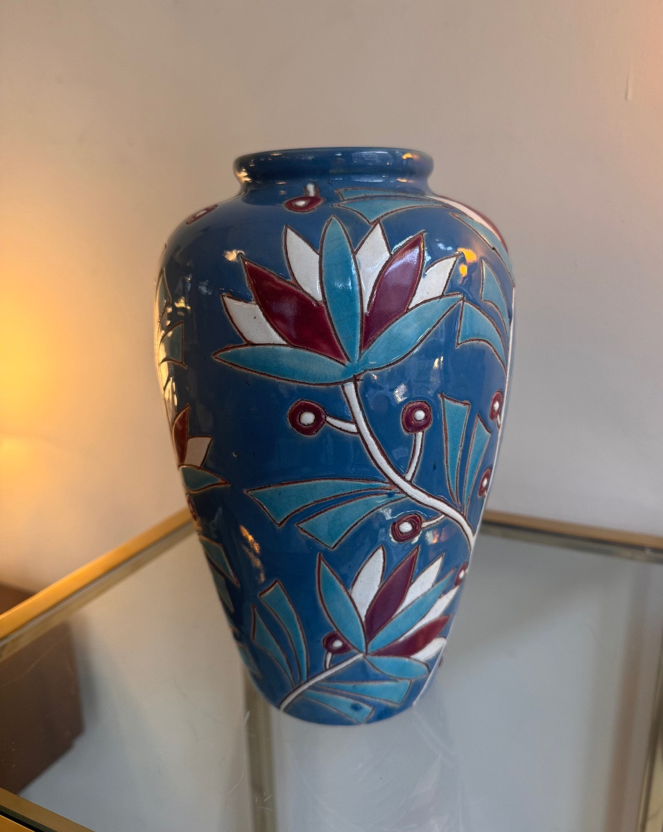 Vase Art Déco « Les Lotus » en faïence émaillée polychrome / belge  ( vases art deco 1930 ) -photo-1