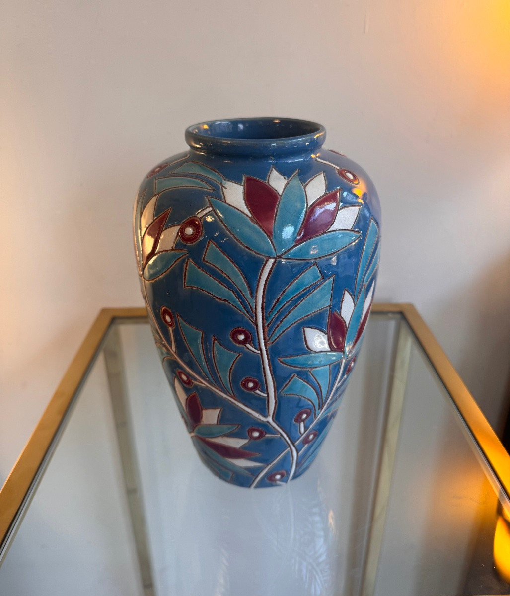 Vase Art Déco « Les Lotus » en faïence émaillée polychrome / belge  ( vases art deco 1930 ) -photo-2
