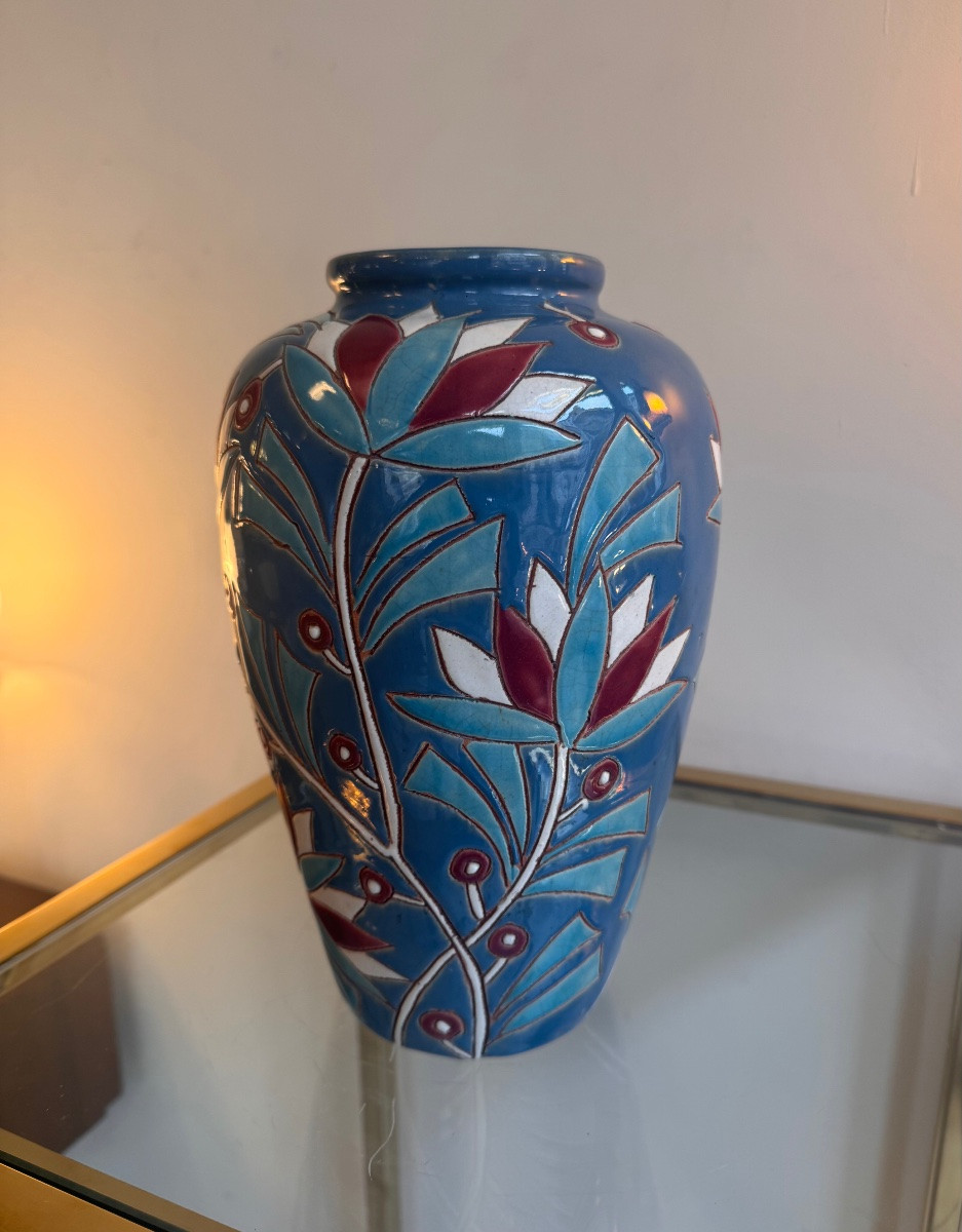 Vase Art Déco « Les Lotus » en faïence émaillée polychrome / belge  ( vases art deco 1930 ) -photo-3
