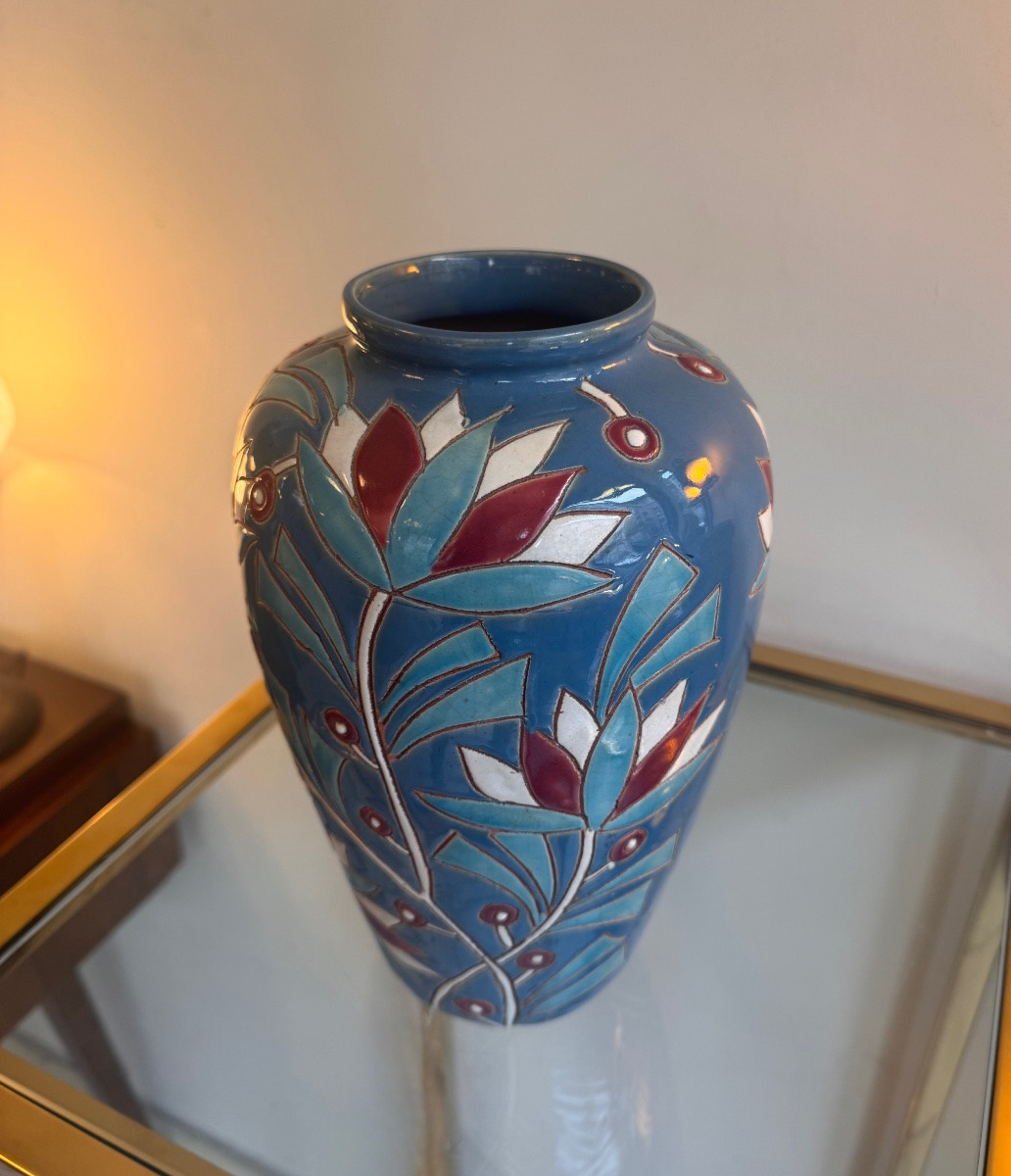 Vase Art Déco « Les Lotus » en faïence émaillée polychrome / belge  ( vases art deco 1930 ) -photo-4