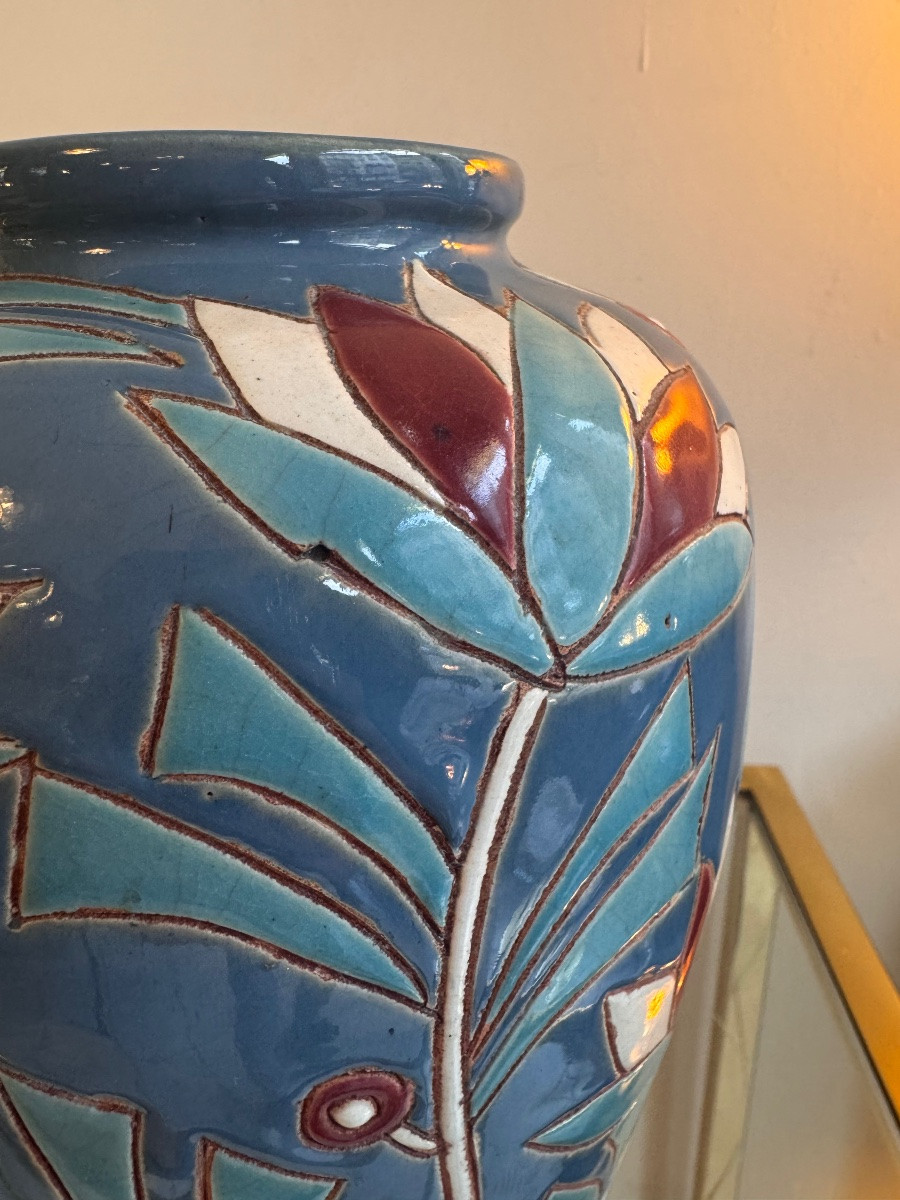 Vase Art Déco « Les Lotus » en faïence émaillée polychrome / belge  ( vases art deco 1930 ) -photo-5