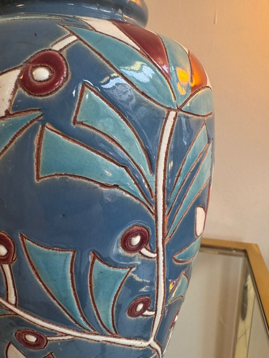 Vase Art Déco « Les Lotus » en faïence émaillée polychrome / belge  ( vases art deco 1930 ) -photo-6