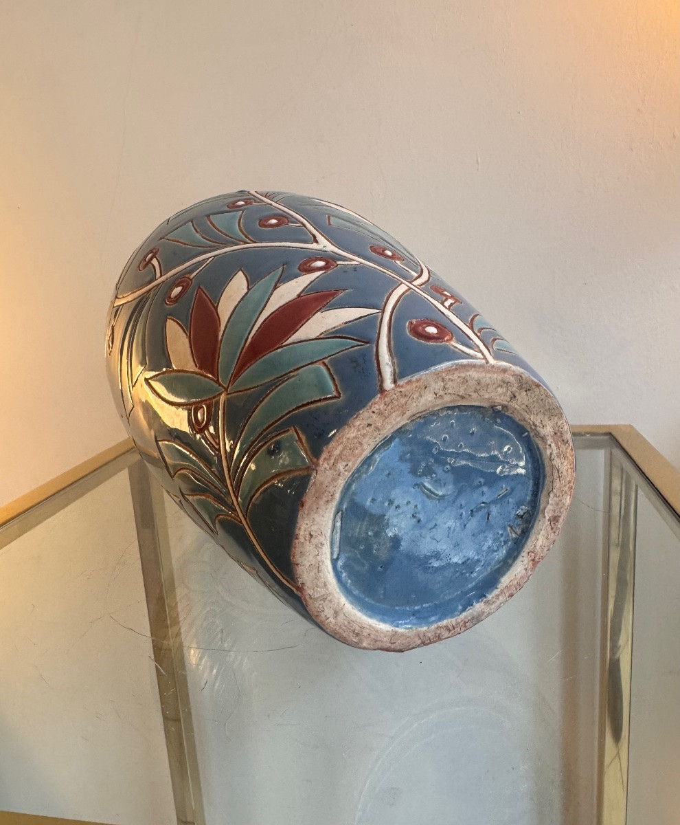 Vase Art Déco « Les Lotus » en faïence émaillée polychrome / belge  ( vases art deco 1930 ) -photo-7