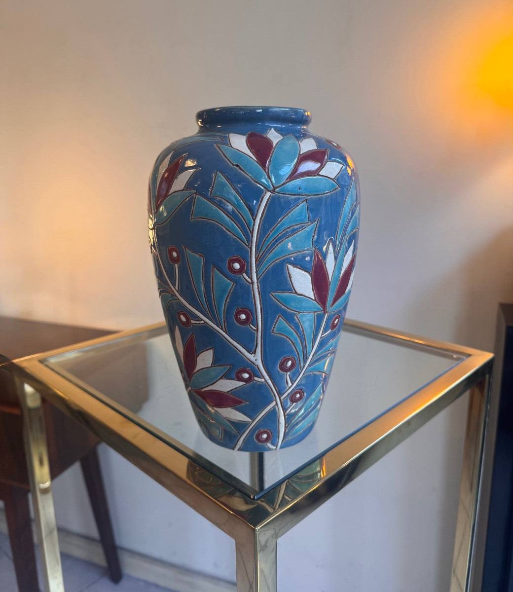 Vase Art Déco « Les Lotus » en faïence émaillée polychrome / belge  ( vases art deco 1930 ) 