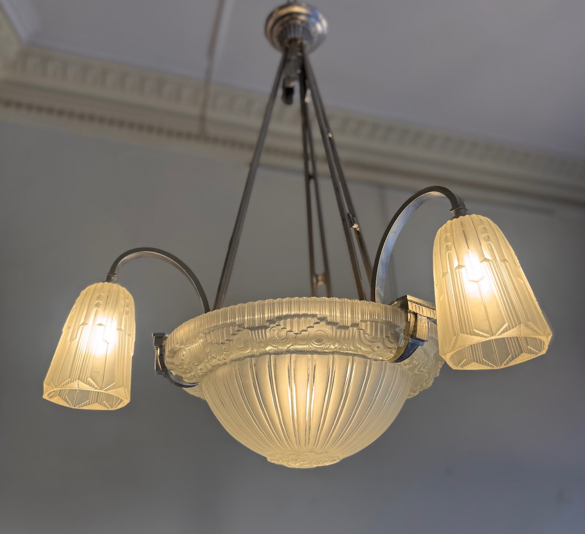 Lustre Art Déco Signé Georges Leleu «  Jehel » ( 1883 - 1961) en bronze nickelé ( art deco 1930-photo-2