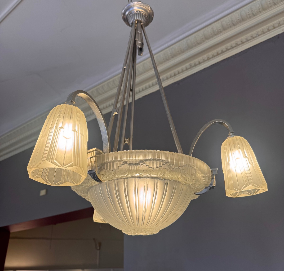 Lustre Art Déco Signé Georges Leleu «  Jehel » ( 1883 - 1961) en bronze nickelé ( art deco 1930-photo-4