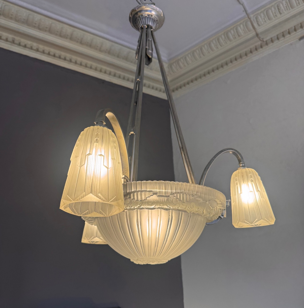 Lustre Art Déco Signé Georges Leleu «  Jehel » ( 1883 - 1961) en bronze nickelé ( art deco 1930-photo-3