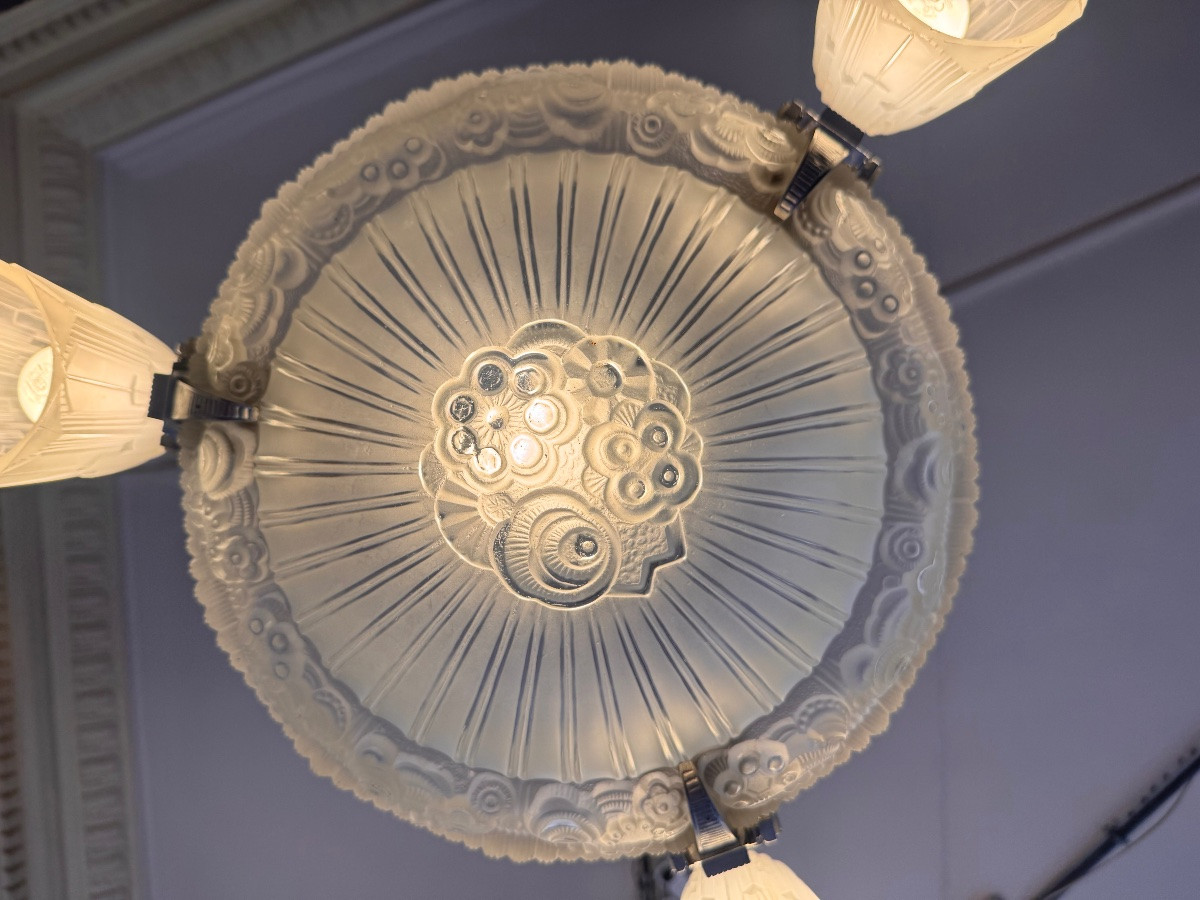 Lustre Art Déco Signé Georges Leleu «  Jehel » ( 1883 - 1961) en bronze nickelé ( art deco 1930-photo-1