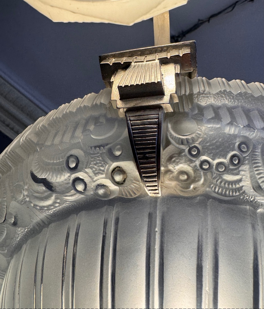 Lustre Art Déco Signé Georges Leleu «  Jehel » ( 1883 - 1961) en bronze nickelé ( art deco 1930-photo-4