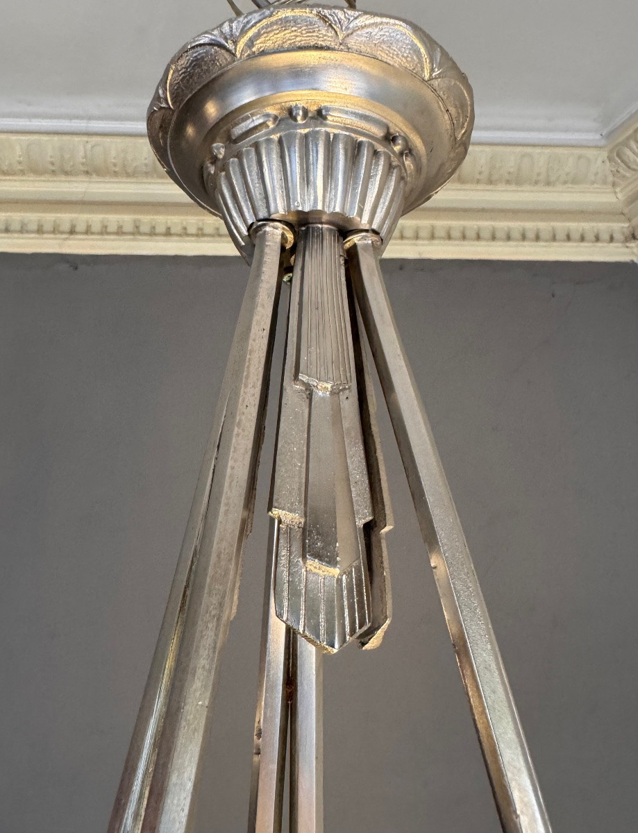 Lustre Art Déco Signé Georges Leleu «  Jehel » ( 1883 - 1961) en bronze nickelé ( art deco 1930-photo-5