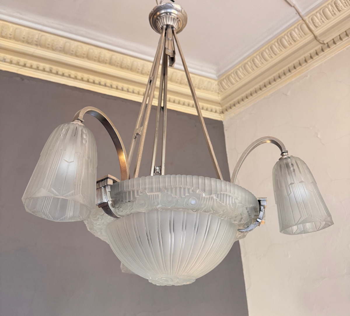 Lustre Art Déco Signé Georges Leleu «  Jehel » ( 1883 - 1961) en bronze nickelé ( art deco 1930-photo-6