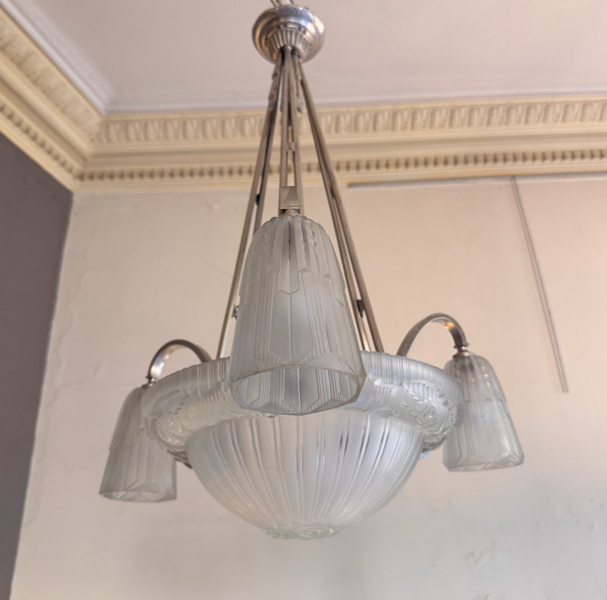 Lustre Art Déco Signé Georges Leleu «  Jehel » ( 1883 - 1961) en bronze nickelé ( art deco 1930-photo-7