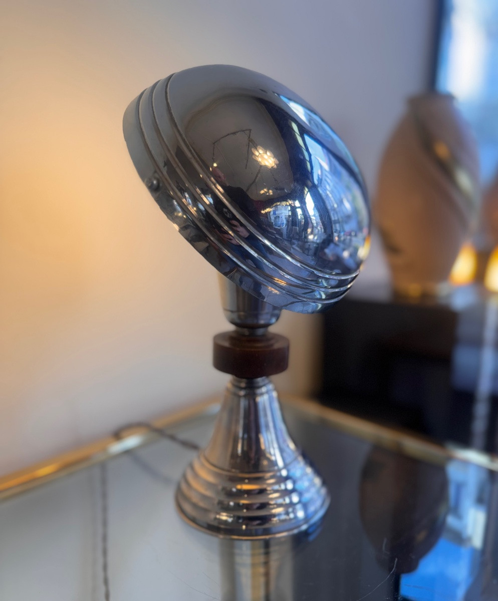 Lampe Art Déco Moderniste à réflecteur pivotant en métal chromé avec bague en Acajou  ( 1930 ) -photo-3