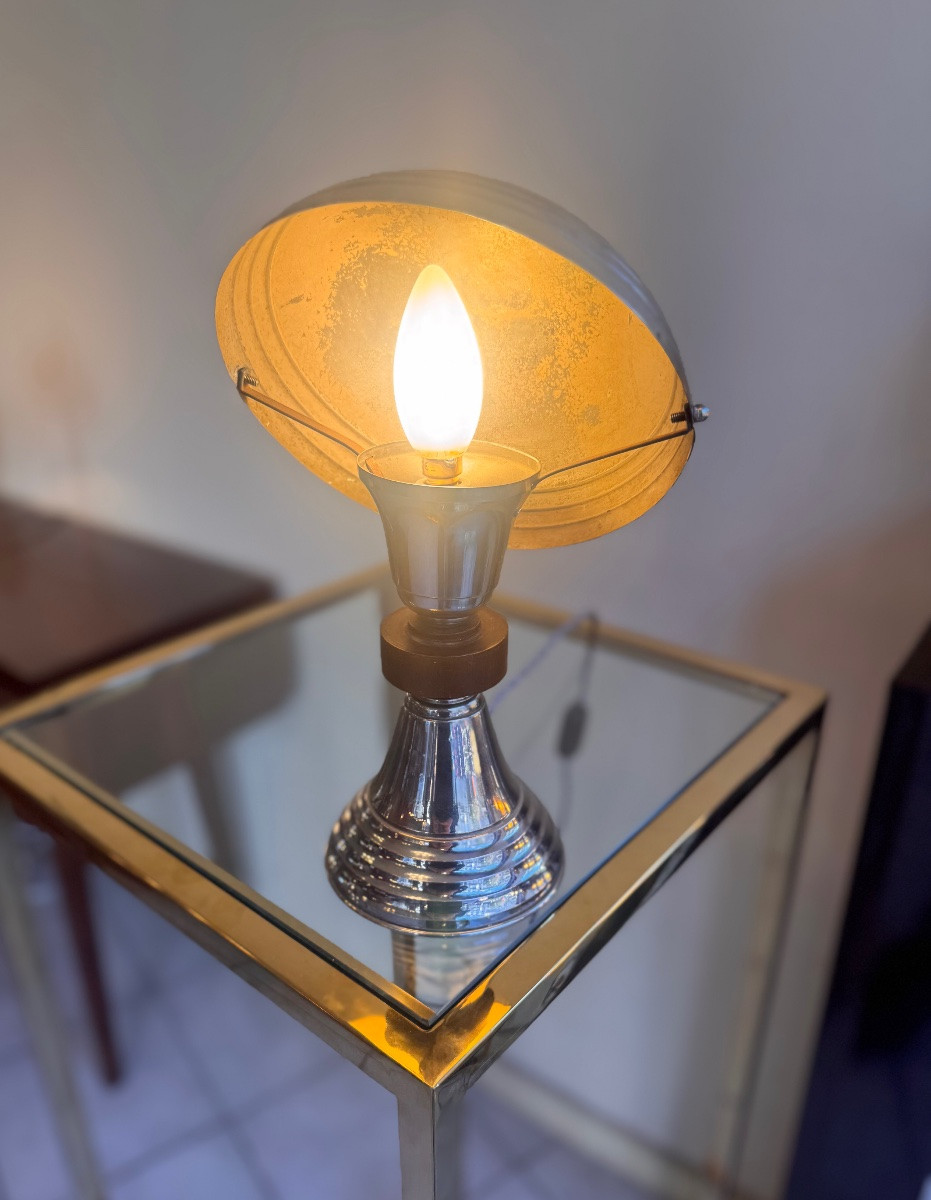 Lampe Art Déco Moderniste à réflecteur pivotant en métal chromé avec bague en Acajou  ( 1930 ) -photo-4
