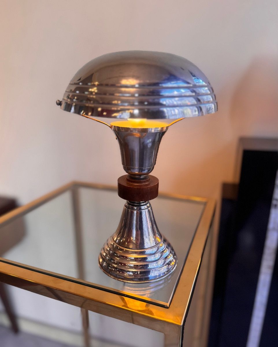 Lampe Art Déco Moderniste à réflecteur pivotant en métal chromé avec bague en Acajou  ( 1930 ) -photo-4