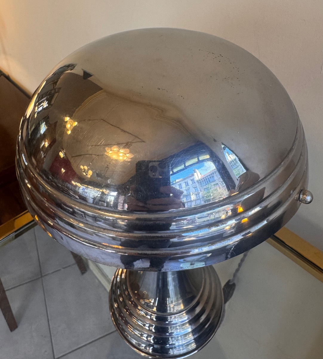 Lampe Art Déco Moderniste à réflecteur pivotant en métal chromé avec bague en Acajou  ( 1930 ) -photo-5
