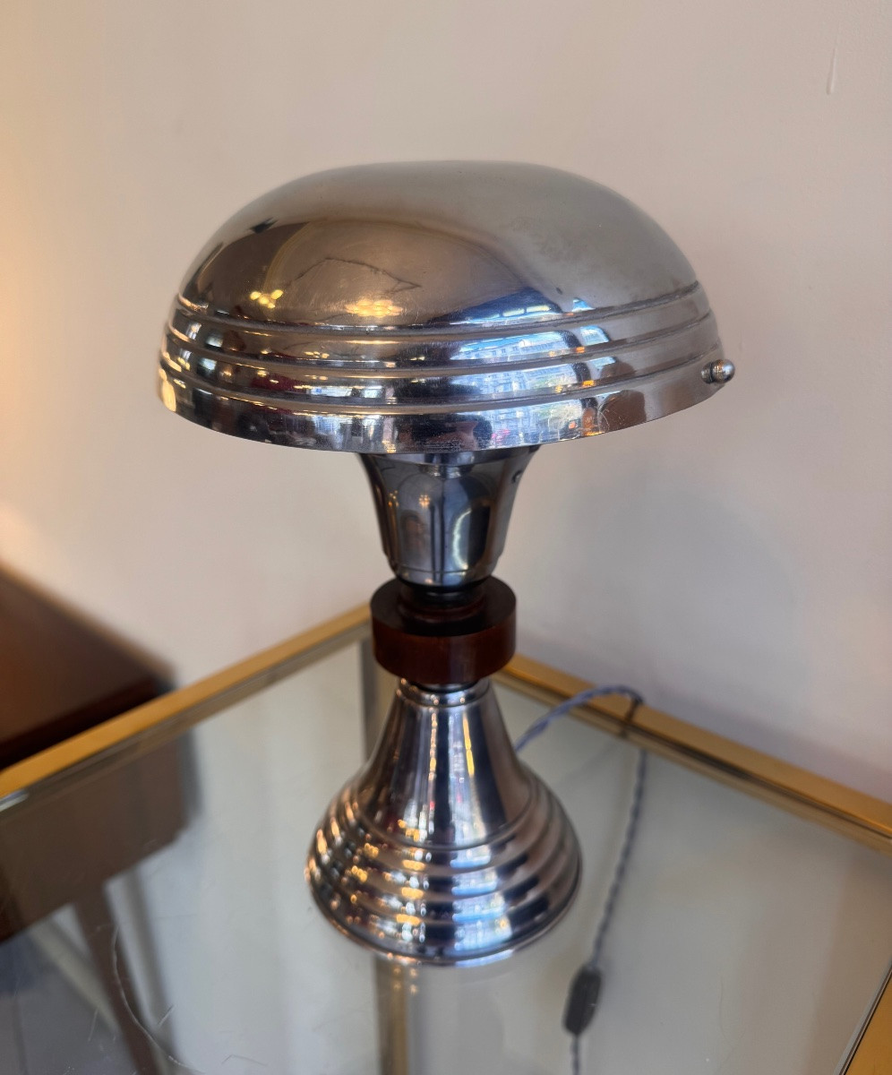 Lampe Art Déco Moderniste à réflecteur pivotant en métal chromé avec bague en Acajou  ( 1930 ) -photo-6